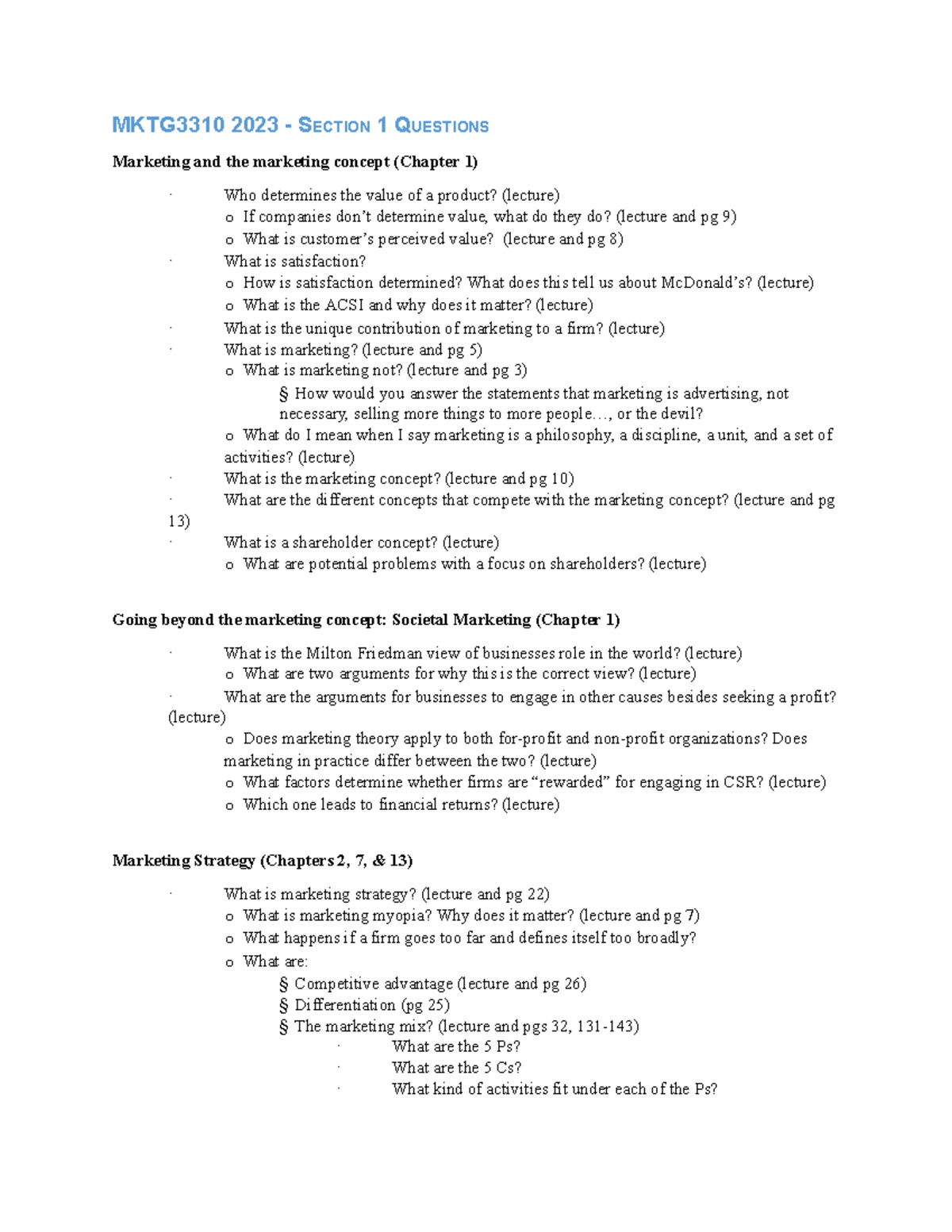 Mktg Final - MKTG3310 2023 - SECTION 1 QUESTIONS Marketing And The ...