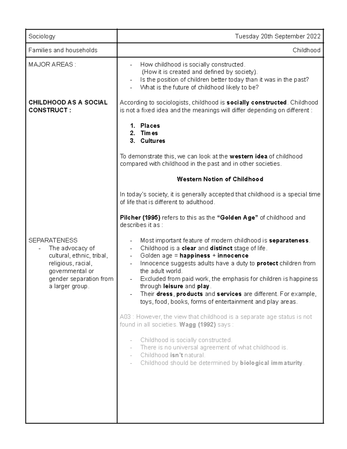 Childhood - Notes - Sociology Tuesday 20th September 2022 Families and ...