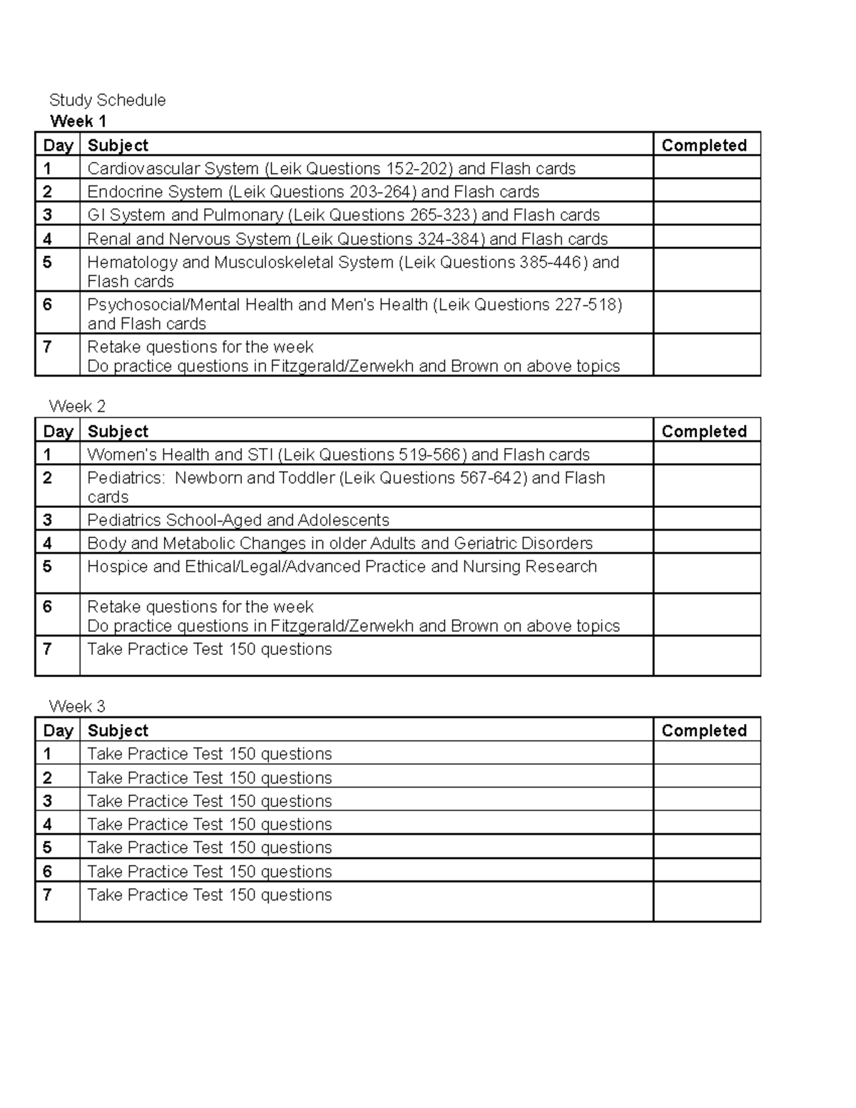 Study schedule - notes - Study Schedule Week 1 Day Subject Completed 1 ...
