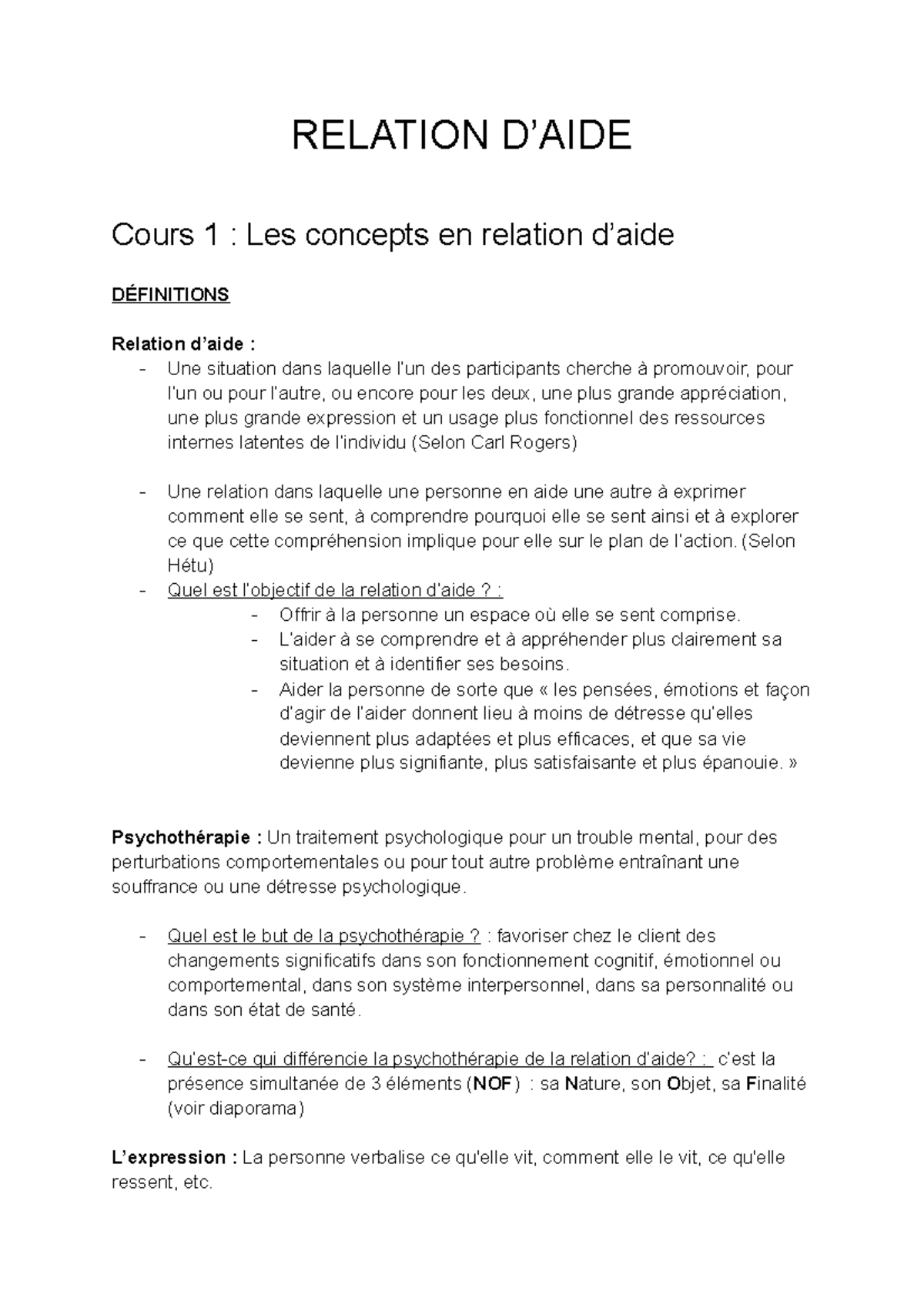 Relation D'AIDE - Note de cours - RELATION D’AIDE Cours 1 : Les ...