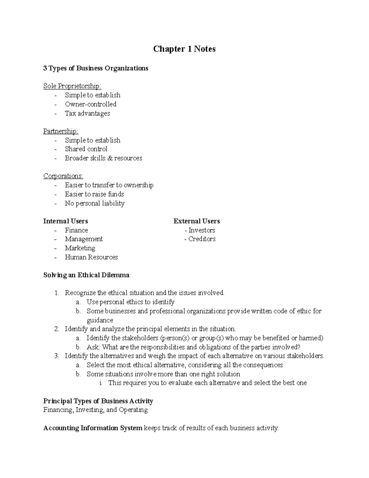 Chapter 1 Notes - Chapter 1 Notes 3 Types of Business Organizations ...