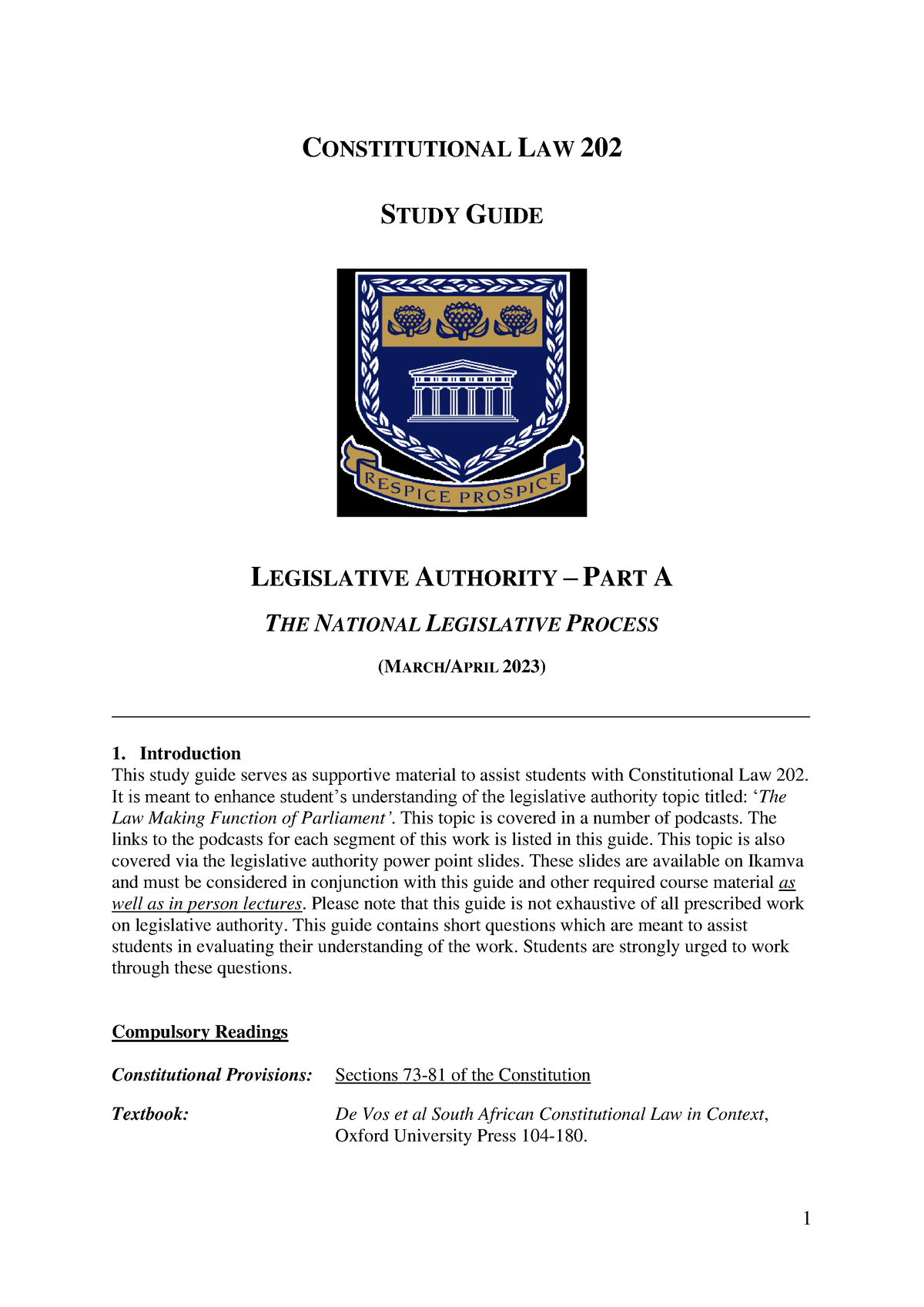 2021 03 28 Constituional Law 202 - Study Guide - National Legislative ...