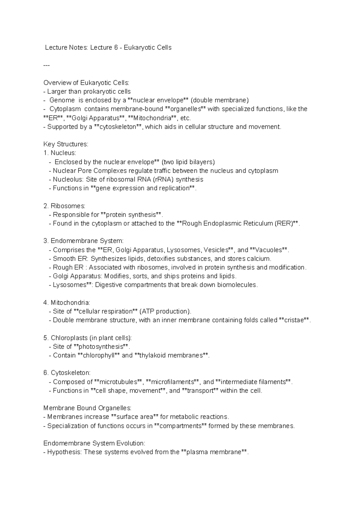 Week 3 bio - week3 - Lecture Notes: Lecture 6 - Eukaryotic Cells ...