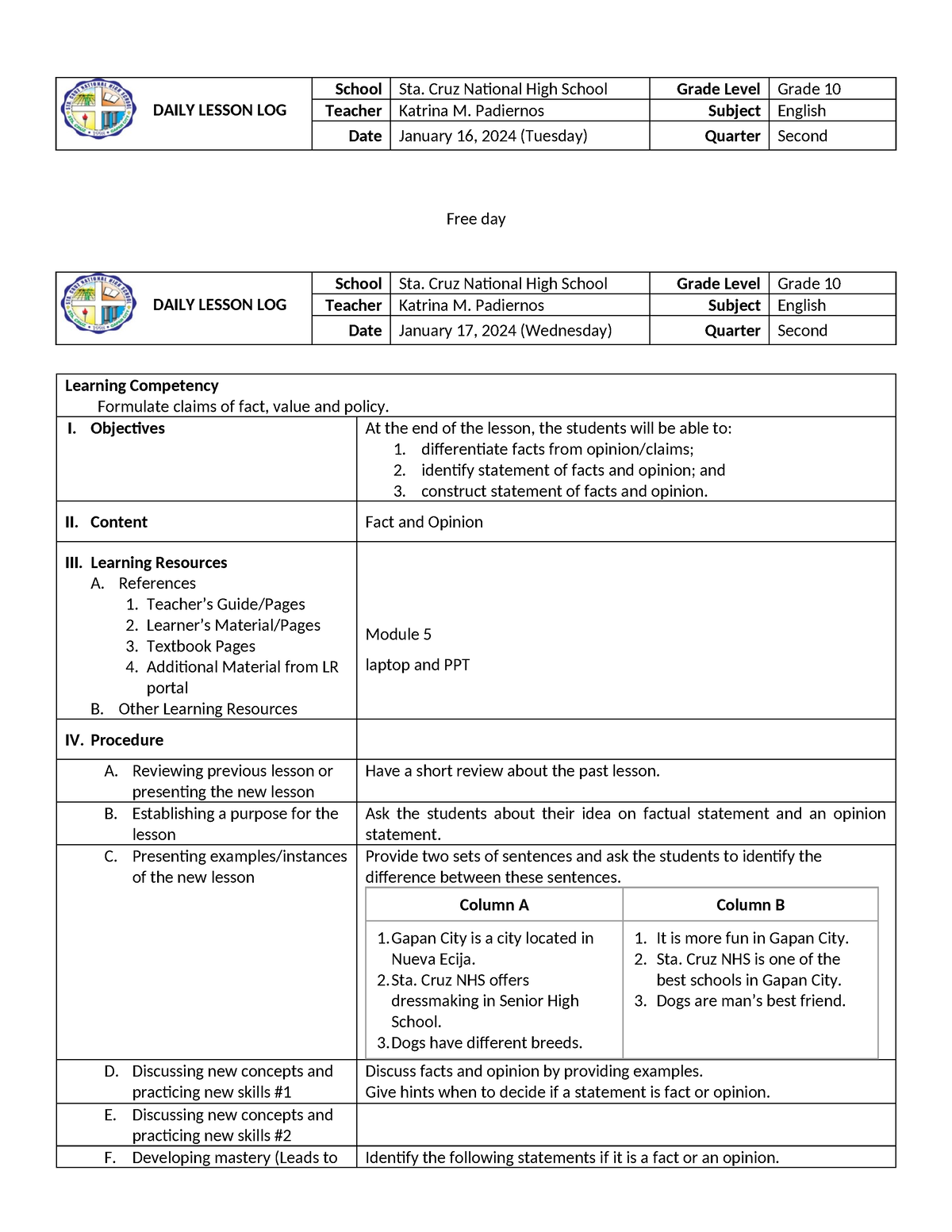 Sample Daily Lesson Log - DAILY LESSON LOG School Sta. Cruz National ...