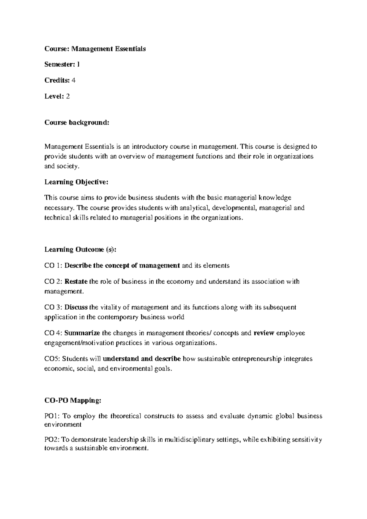 Course Handout Management Essentials Final 2024 - Course: Management ...