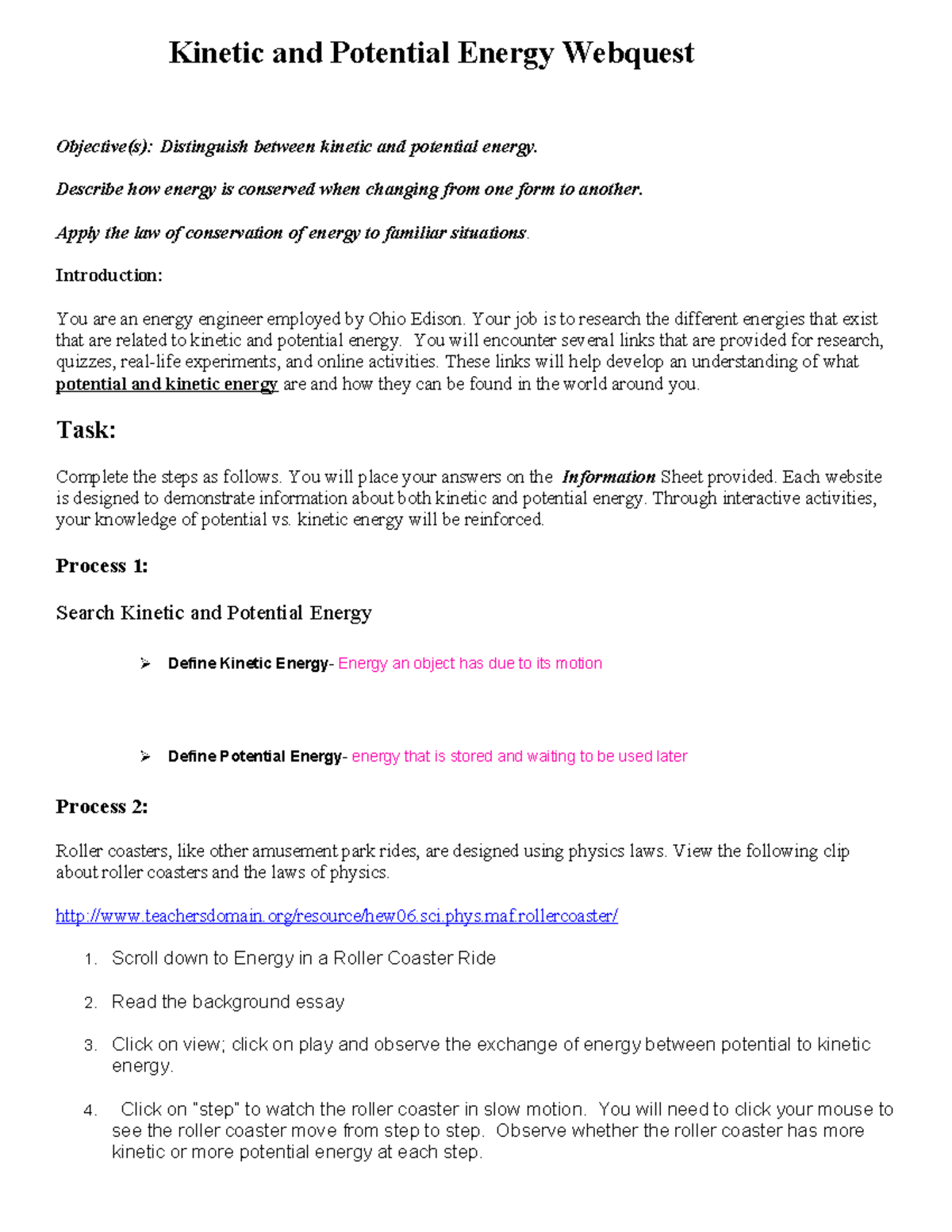 Law Of Conservation Of Energy Webquest - Kinetic And Potential Energy ...