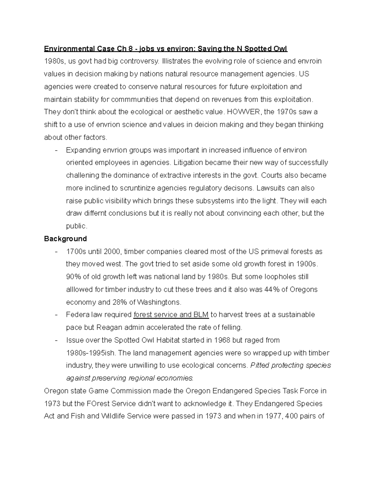 POlicy week 7 - Steven Vanderheiden. Environmental Case Ch 8 - jobs vs ...