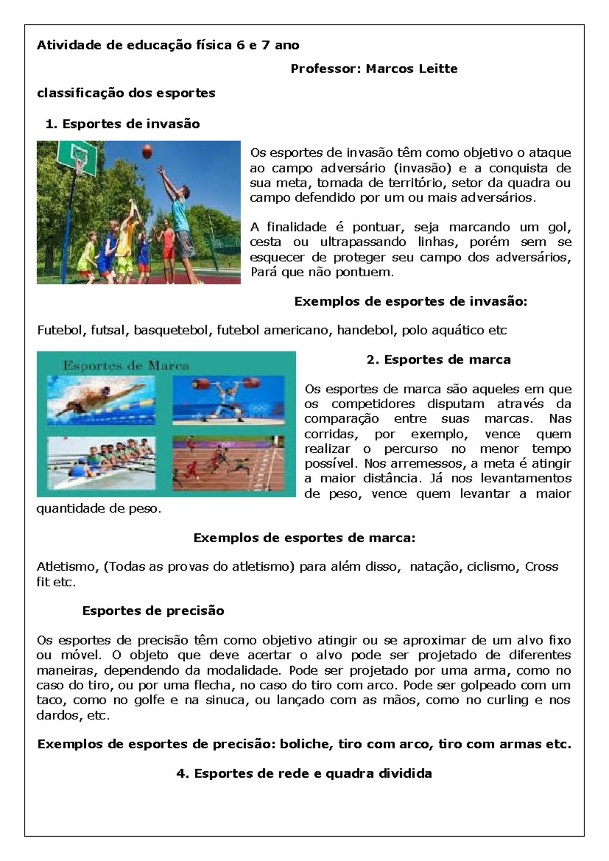 Atividade de Educação Física - Esporte de Campo e Taco - Com texto