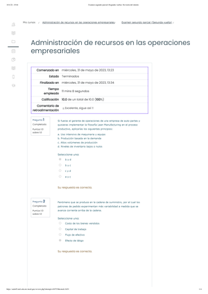 Administraci N De Recursos En Las Operaciones Empresariales Exam N