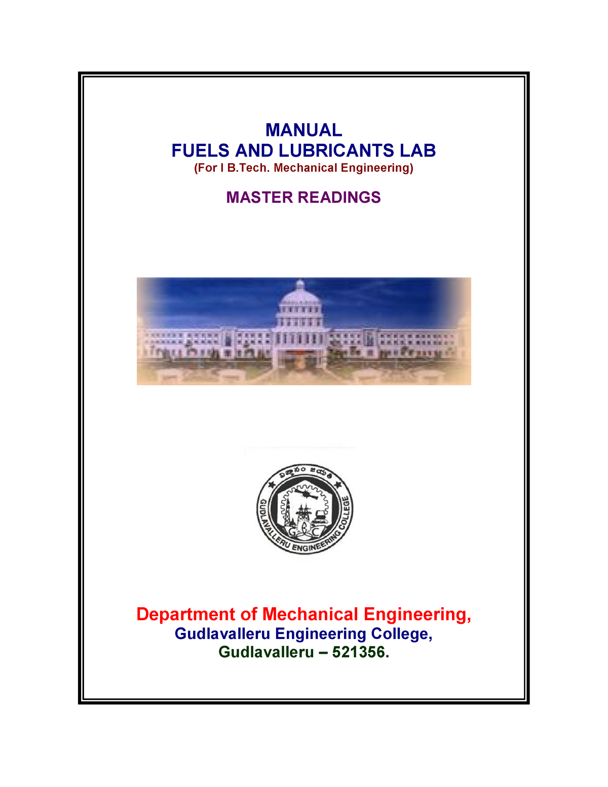 Fuel and Lubrication Lab MANUAL FUELS AND LUBRICANTS LAB (For I B