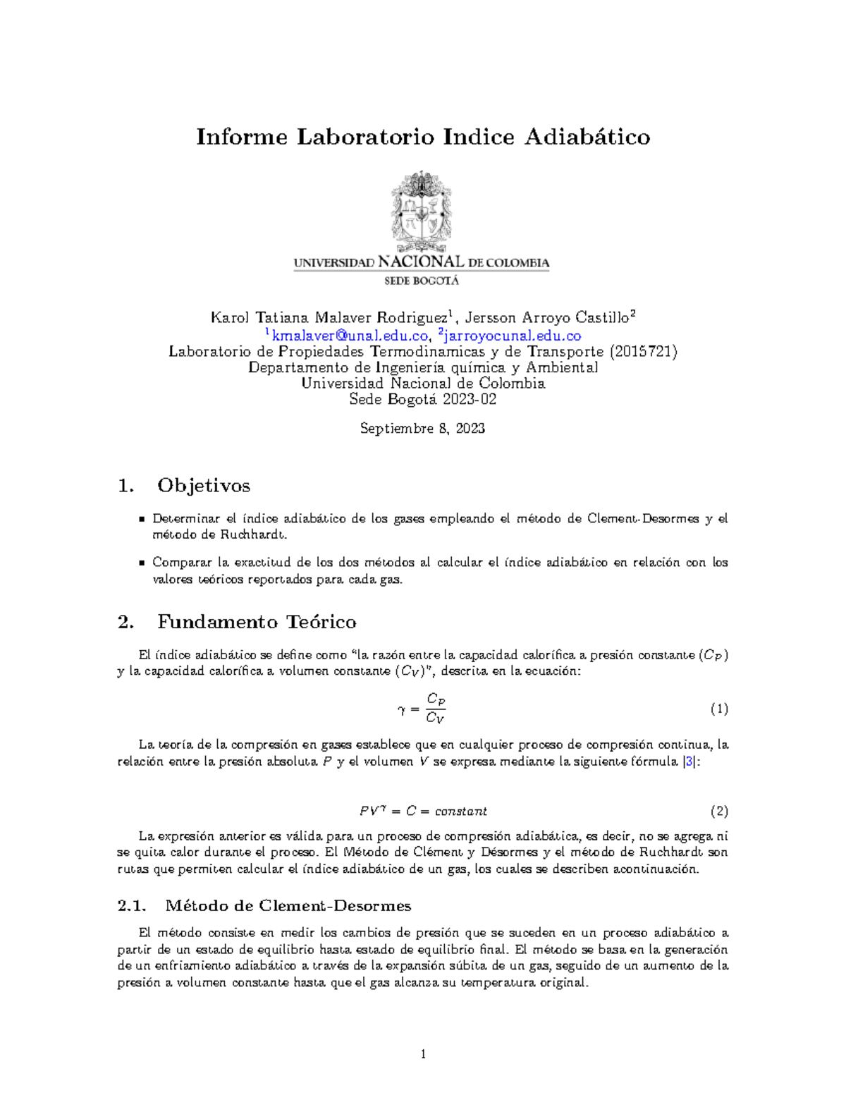 Informe Laboratorio Indice Adiabático Informe Laboratorio Indice