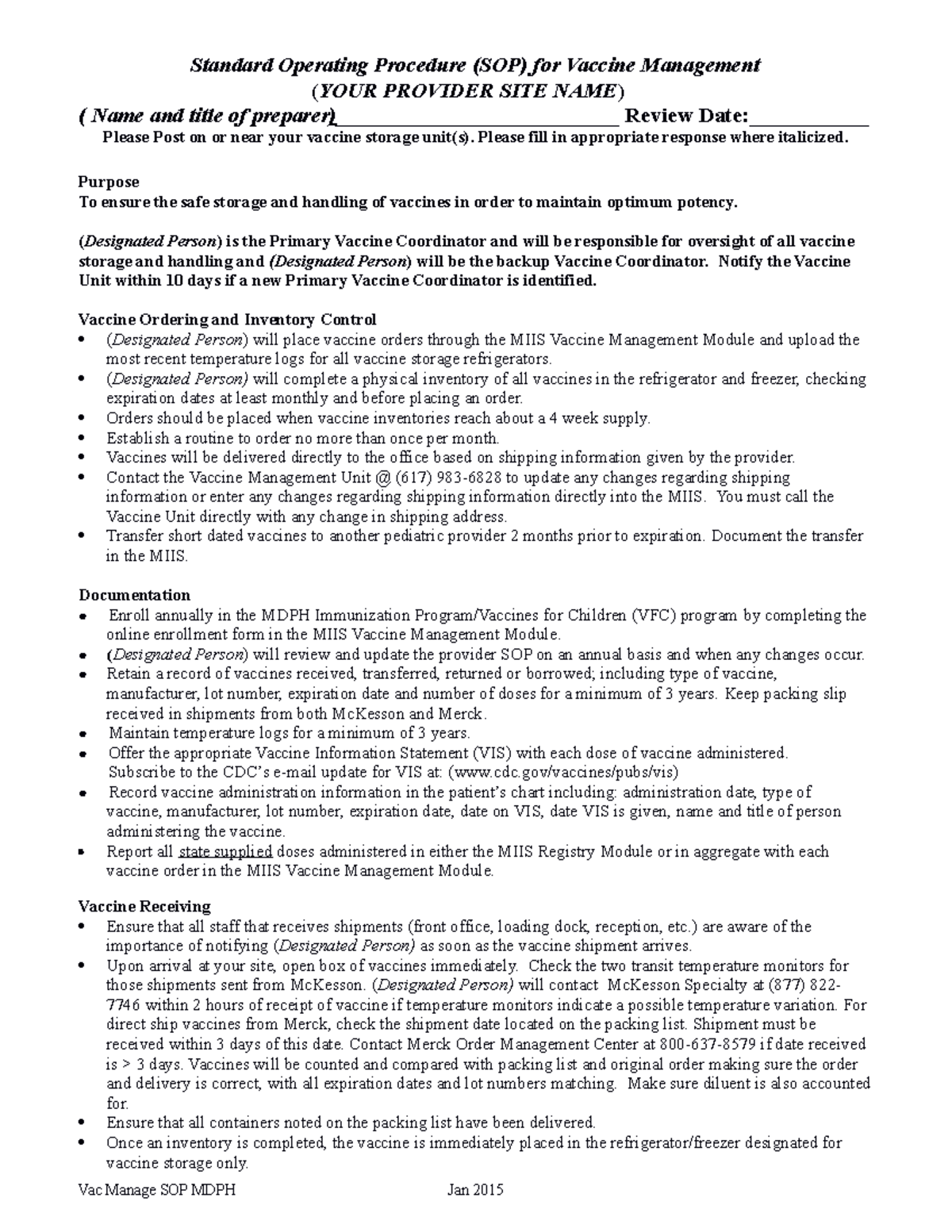Vac Manage SOP MDPH sample 1-15 - Standard Operating Procedure (SOP ...