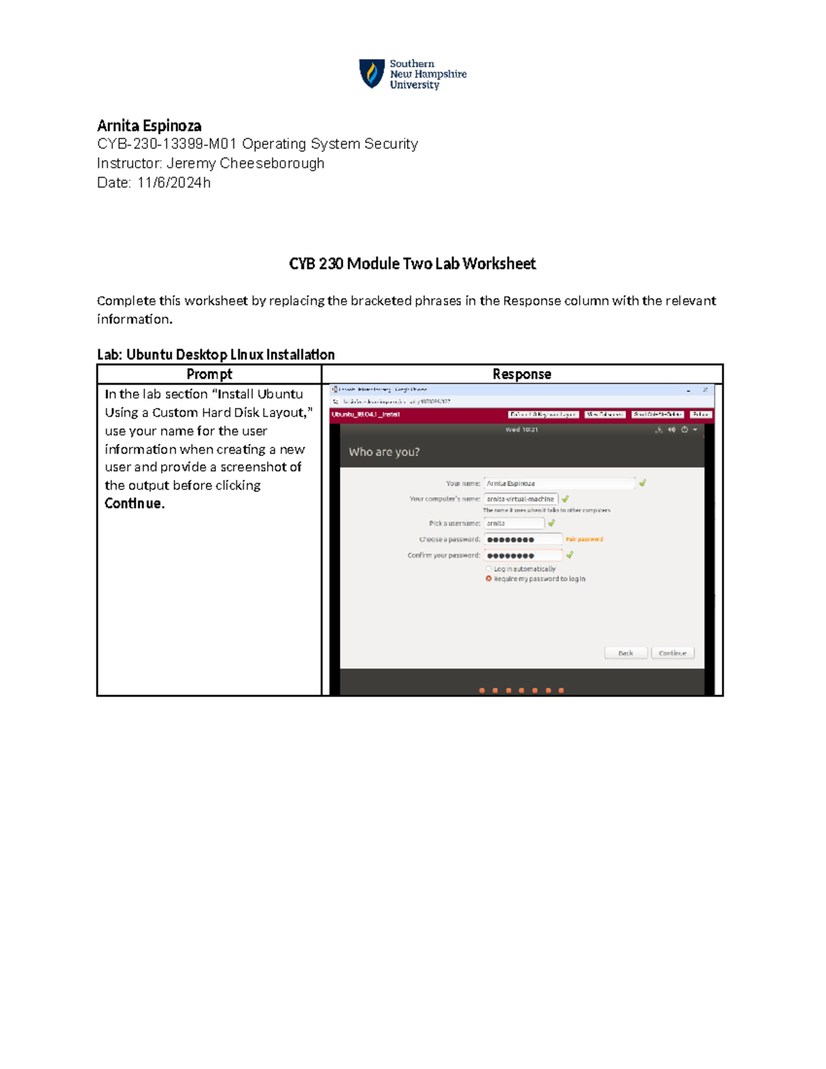 CYB 230 Module Two Lab Worksheet - Arnita Espinoza CYB-230-13399-M01 ...