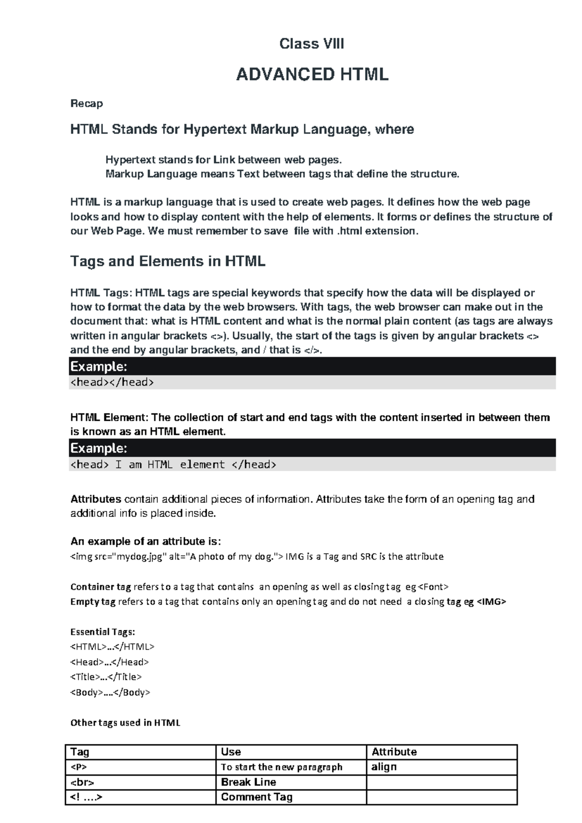 HTML notes pdf class VIII (1) - Class VIII ADVANCED HTML Recap ...