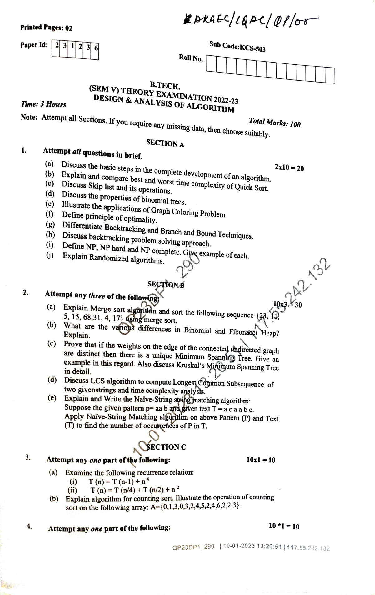 2022 Question Paper - Printed Pages: 02 Paper Id: Time: 3 Hours 1. 2 3 ...