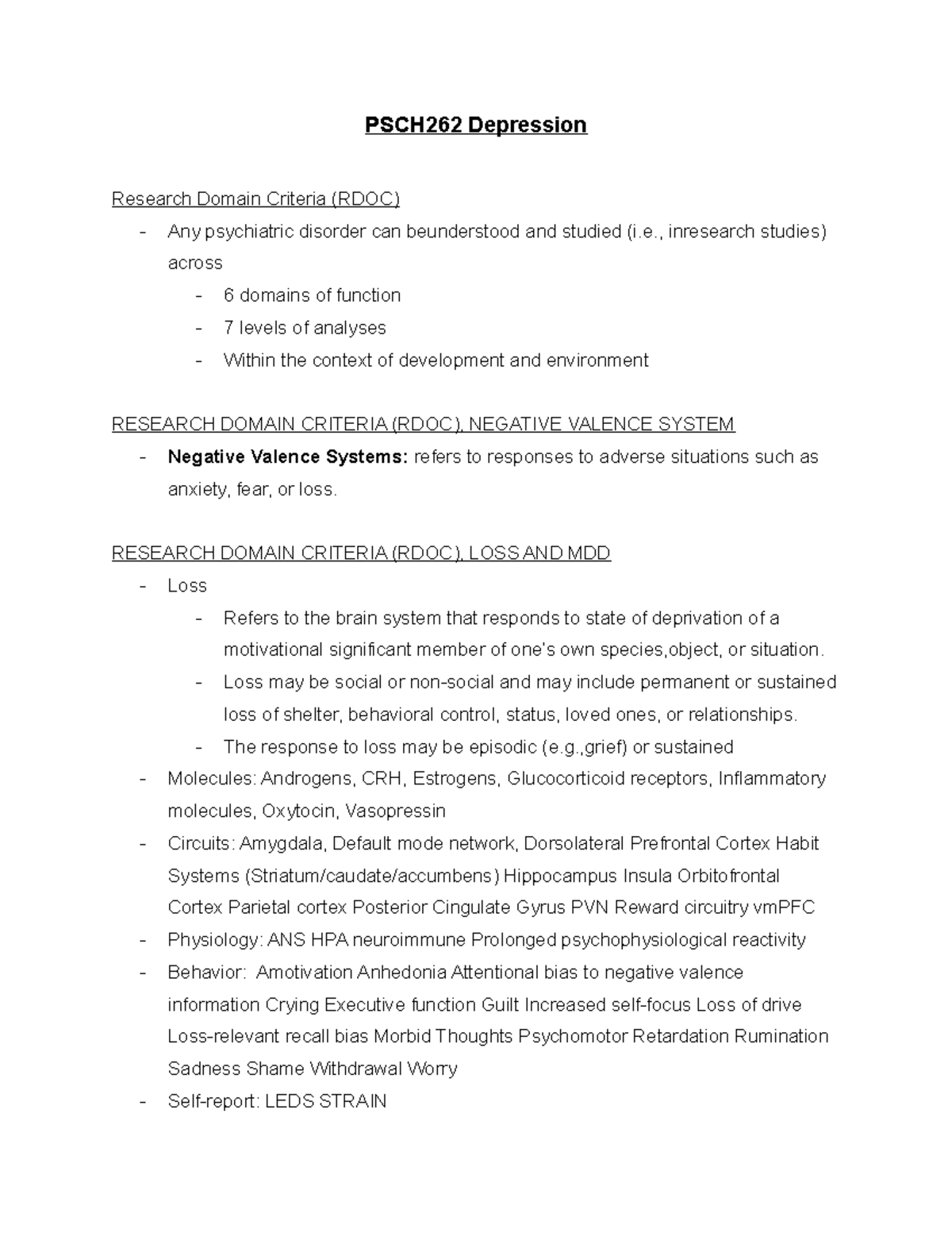 PSCH262 Depression - PSCH262 Depression Research Domain Criteria (RDOC ...