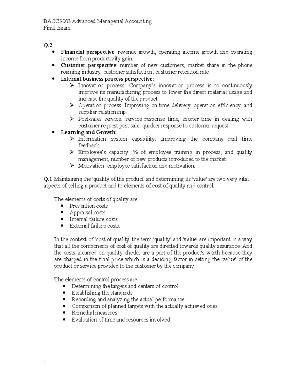 Answer Final - Section A - BACC3003 Advanced Managerial Accounting ...