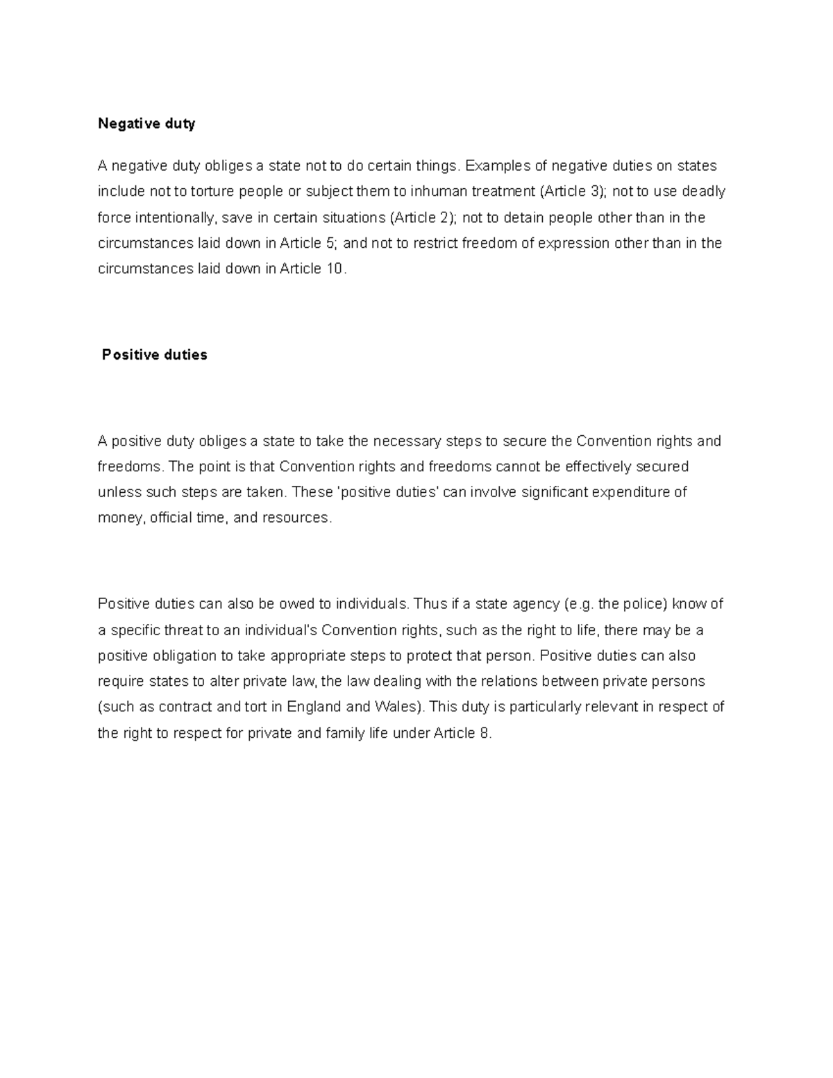 Negative and positive duties - Negative duty A negative duty obliges a  state not to do certain - Studocu