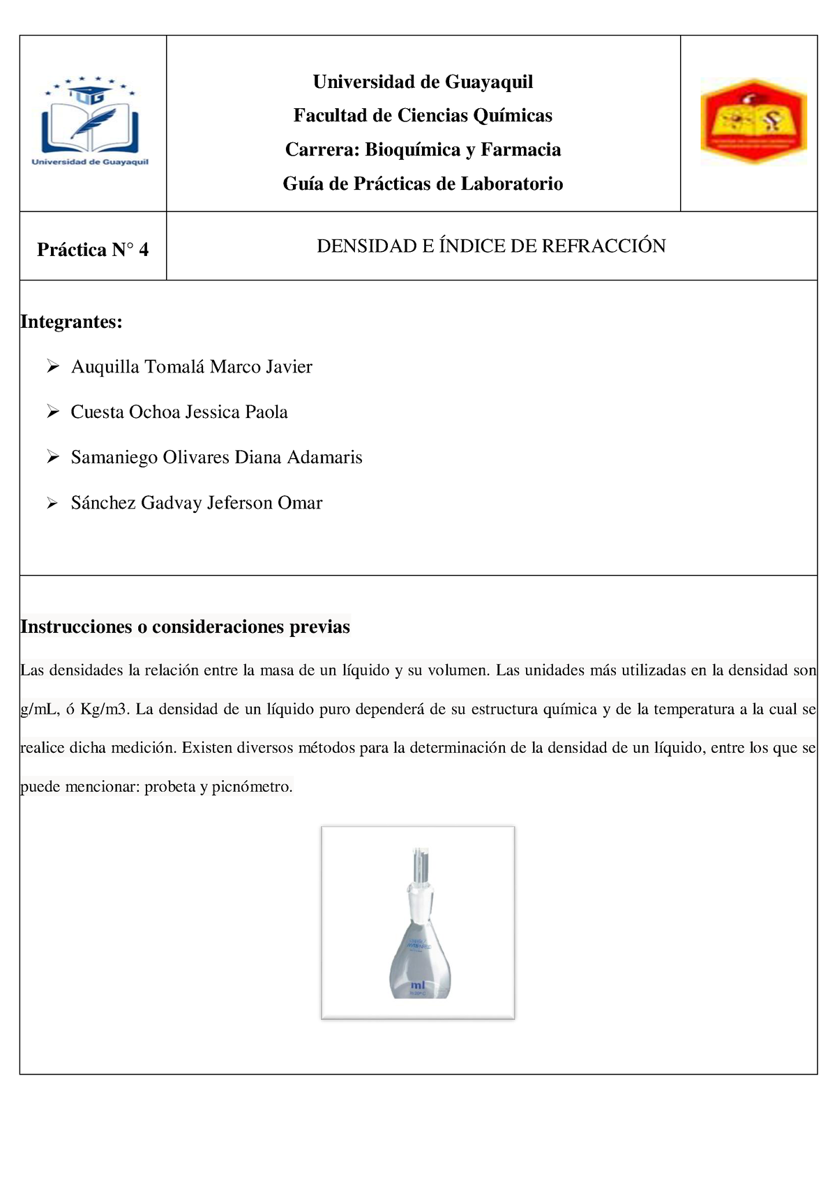 Informe 4 Densidad E Indice De Refracción Universidad De Guayaquil