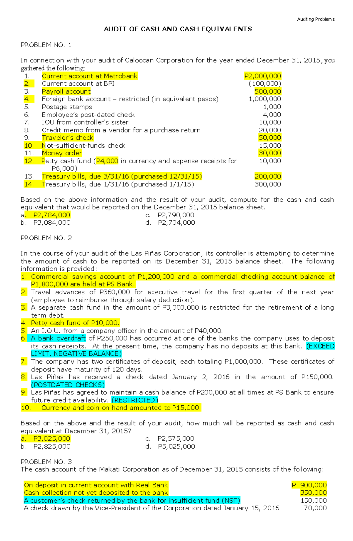 01 Cash and cash equivalents WITH Answers AUDIT OF CASH AND CASH