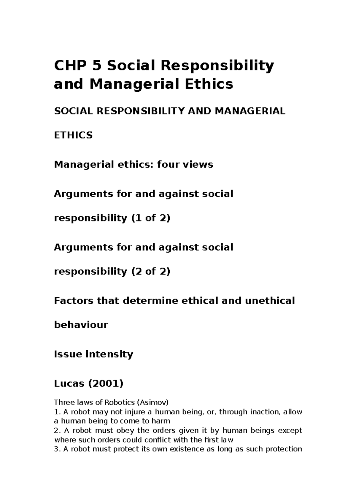 Chp 5 summary - CHP 5 Social Responsibility and Managerial Ethics ...