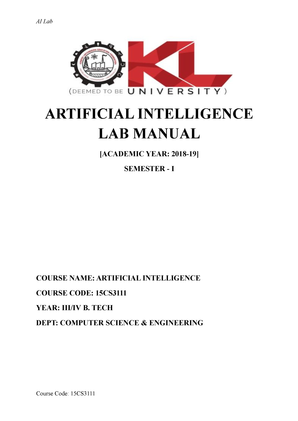 Artificial Intelligence LAB Manual - AI Lab Course Code: 15CS ...