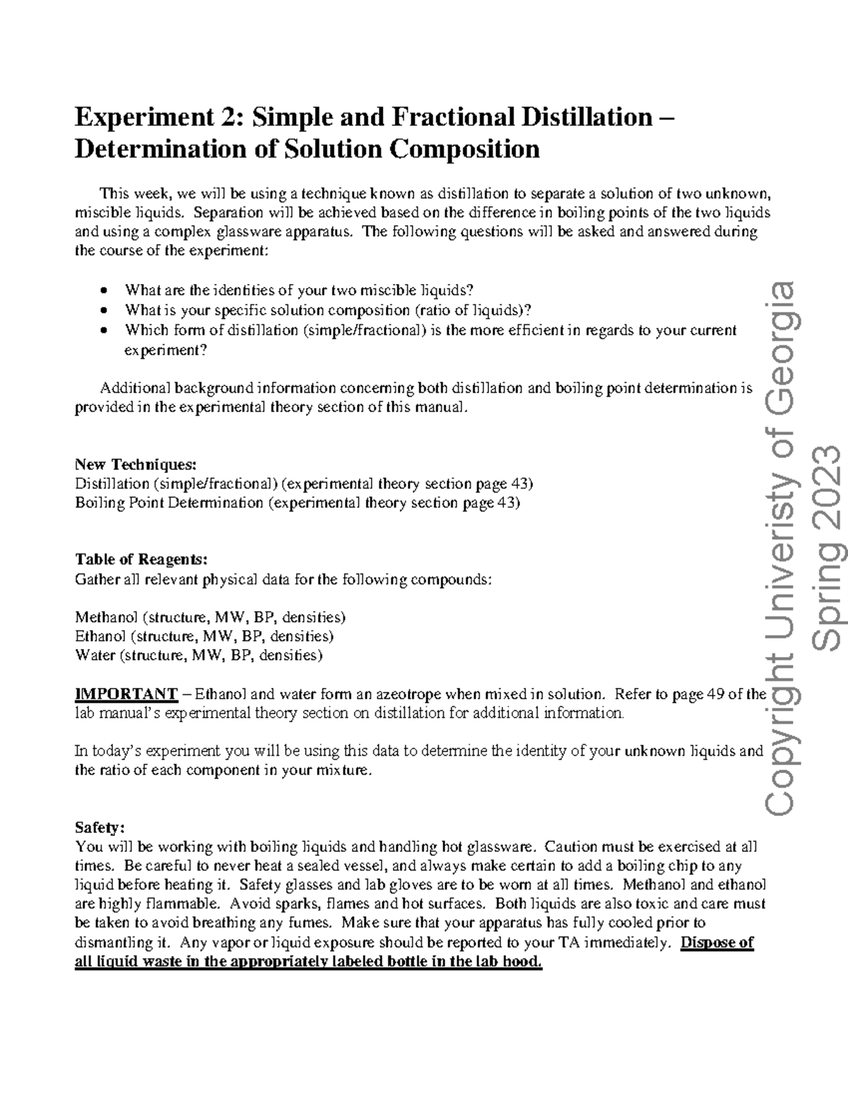 CHEM 2211L Experiment 2 - Distillation - Copyright Univeristy Of ...