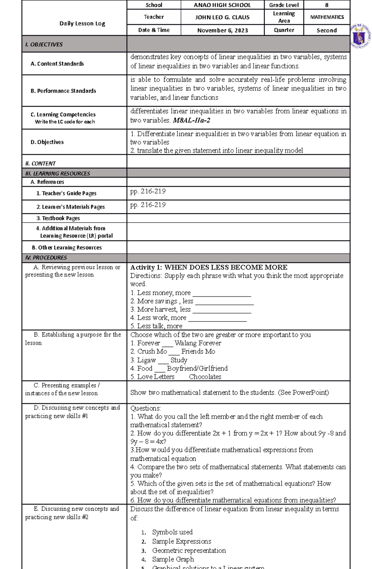 DLP November 6, 2023 - dll in math 8 - Daily Lesson Log School ANAO ...