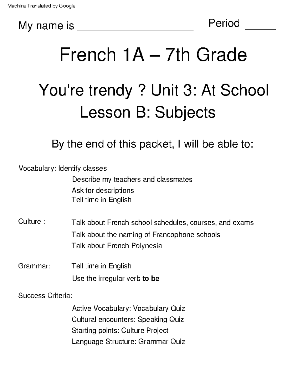 Unit 3 Lesson B Packet A lecole 2022 (1) - You're trendy? Unit 3: At ...