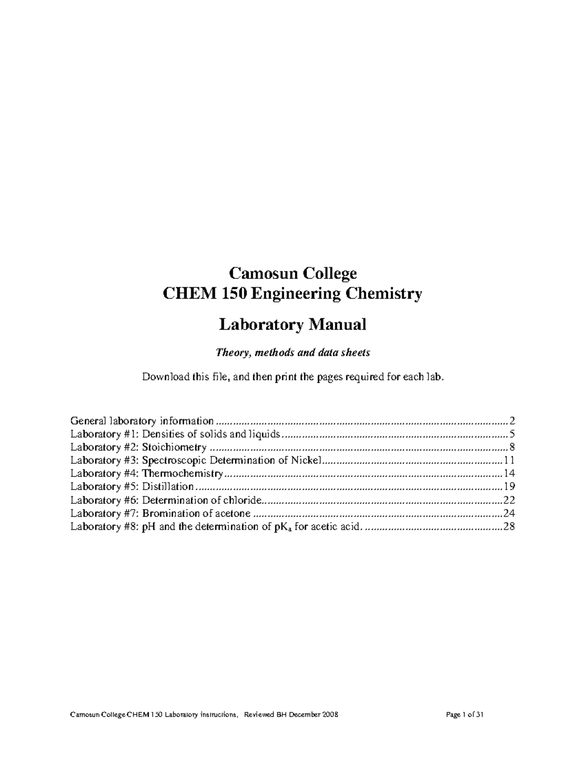 Chem 150 Lab manual revised - Camosun College CHEM 150 Engineering Chemistry Laboratory Manual ...