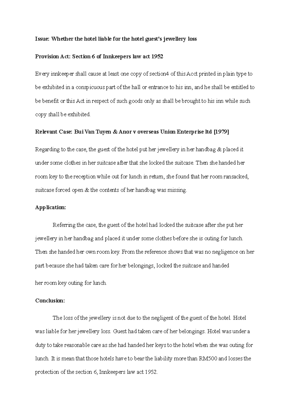 Business law Jolene Issue Whether the hotel liable for the hotel guest's jewellery loss