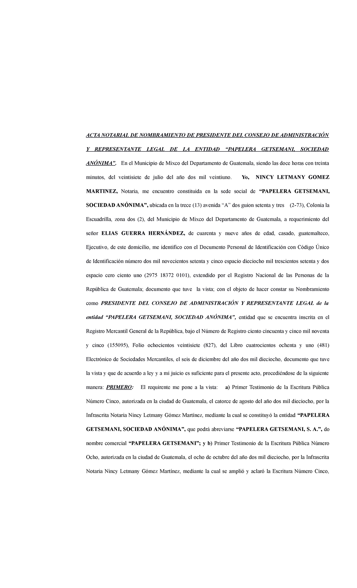 Acta De Nombramiento Como Presidente Del Consejo De Administracion Y