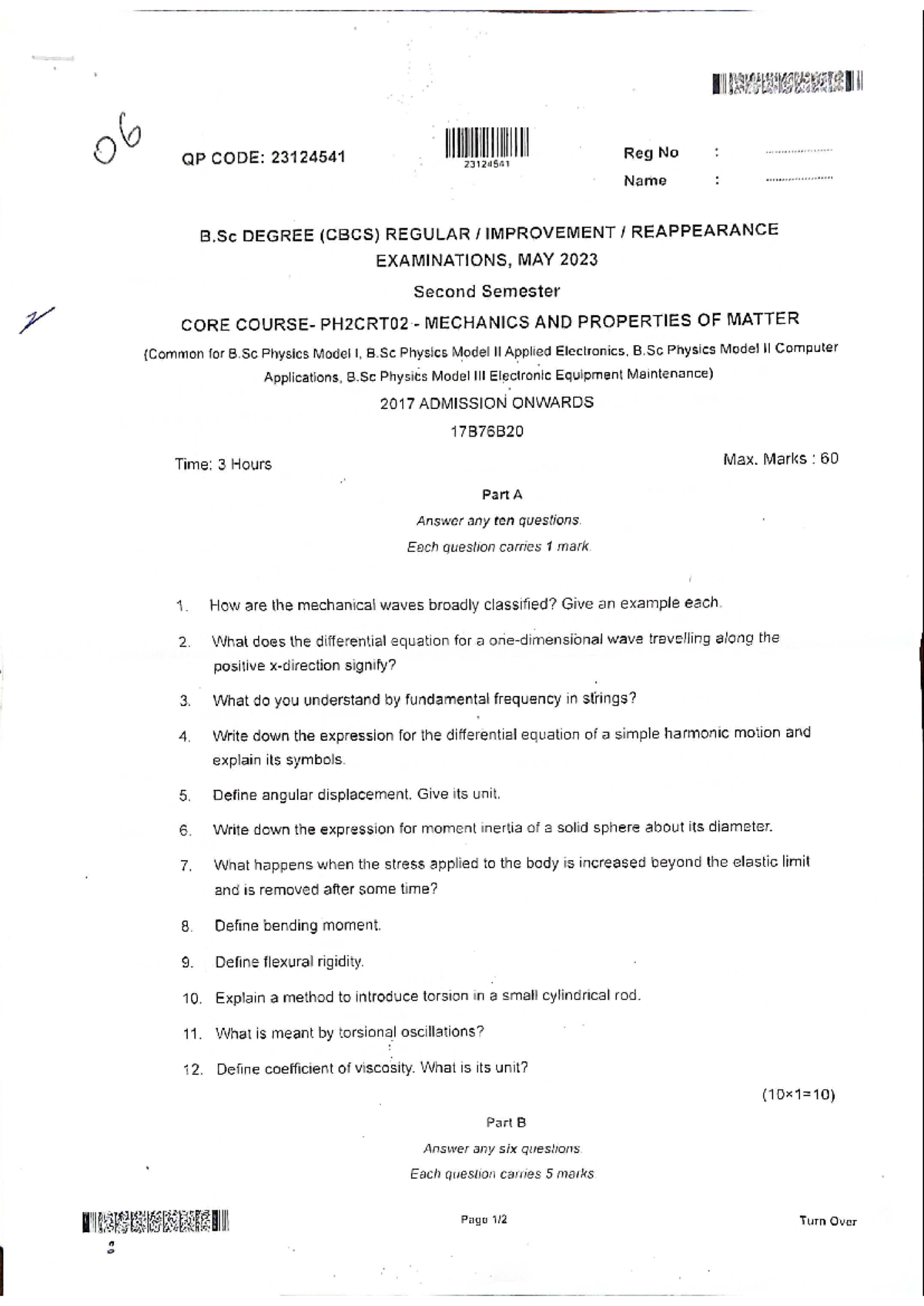 Physics Previous Year Question Paper Bsc Physics Studocu