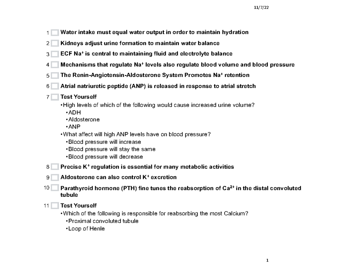 Urinalysis Notes 11/7/ 1 Water intake must equal water output in