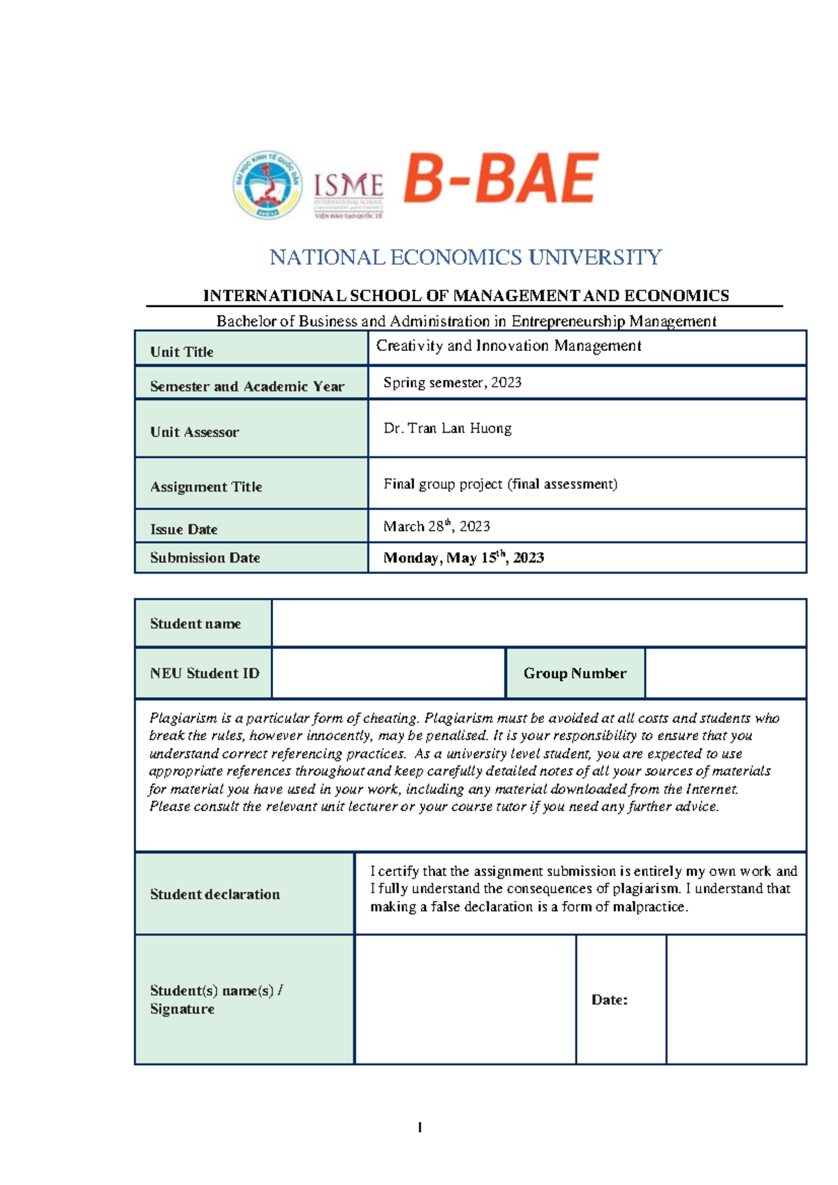 Final Group project CIM Lily copy.docx - NATIONAL ECONOMICS UNIVERSITY INTERNATIONAL SCHOOL OF ...