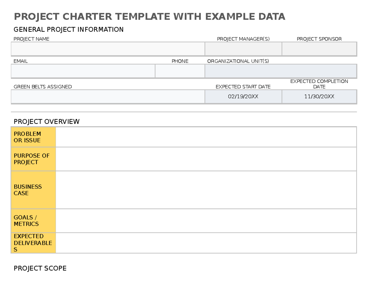 Project Charter Template - PROJECT CHARTER TEMPLATE WITH EXAMPLE DATA ...