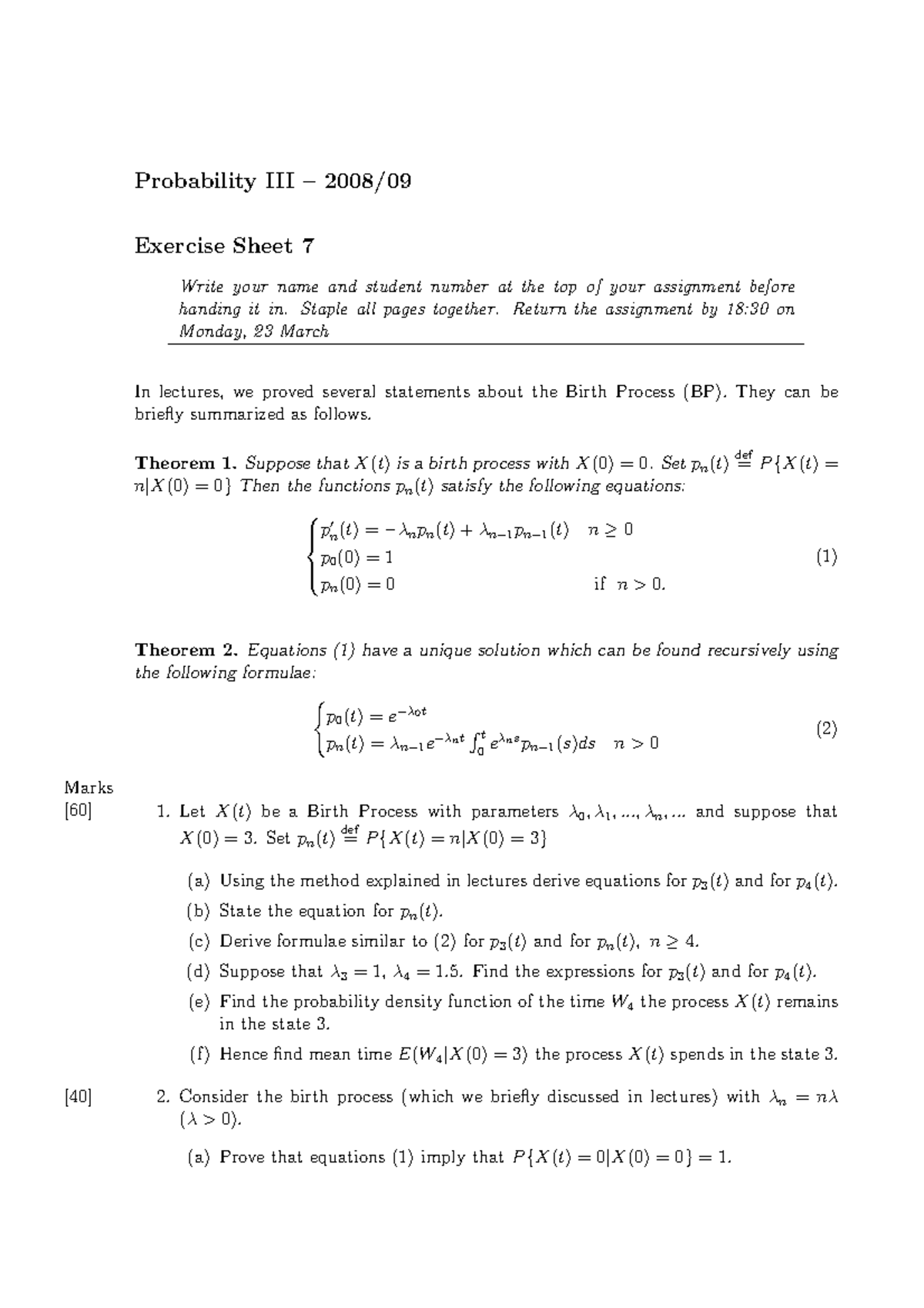 Exercise Sheet 7 - Questions - Probability III – 2008/09 Exercise Sheet ...