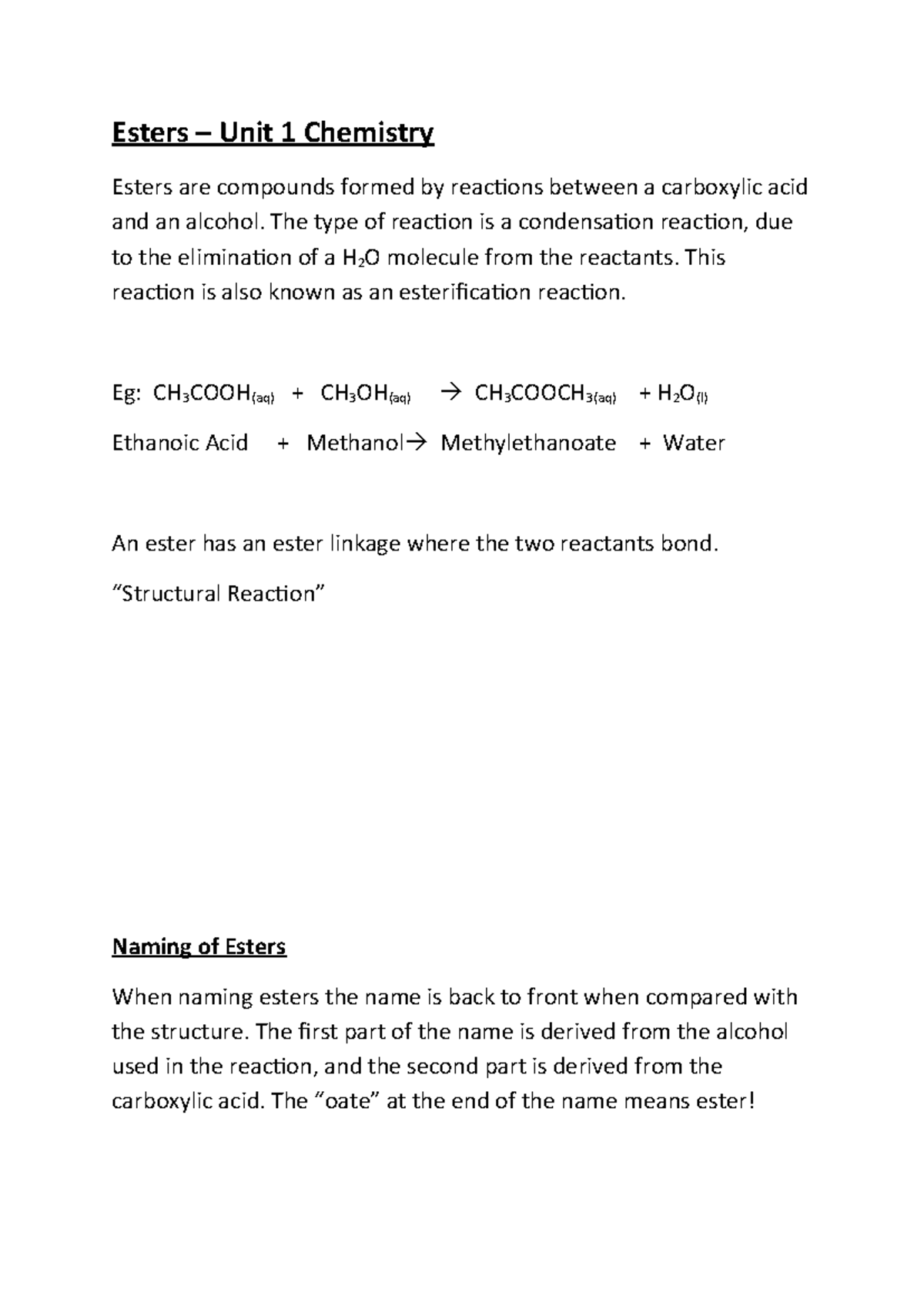 Esters Worksheet - Esters – Unit 1 Chemistry Esters are compounds ...