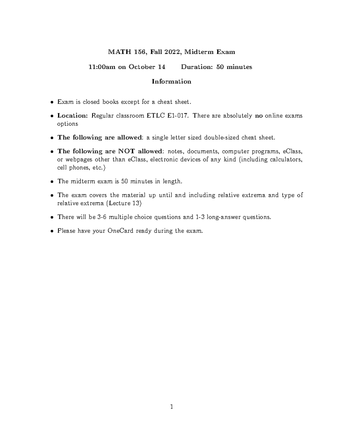 156 Information - ... - MATH 156, Fall 2022, Midterm Exam 11:00am on ...