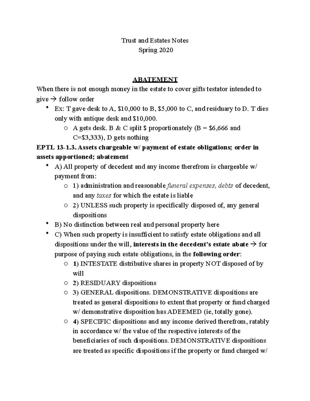 Abatement - Lecture notes 16 - Trust and Estates Notes Spring 2020 ...