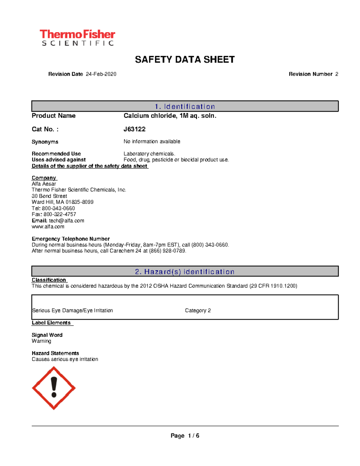 Calcium chloride SDS - SAFETY DATA SHEET Revision Date 24-Feb-2020