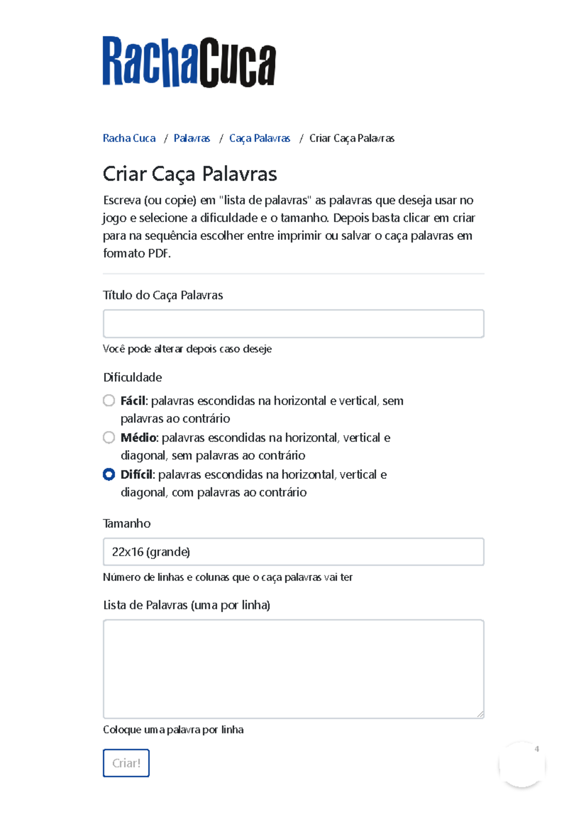 Criar Caça Palavras - Racha Cuca - Racha Cuca / Palavras / Caça ...