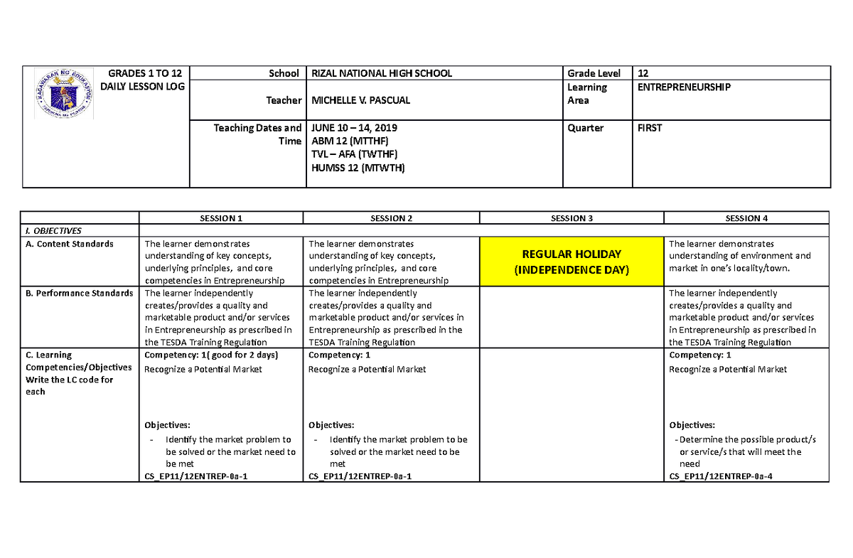 Week 2 dll entrep final - syllabus - GRADES 1 TO 12 DAILY LESSON LOG ...