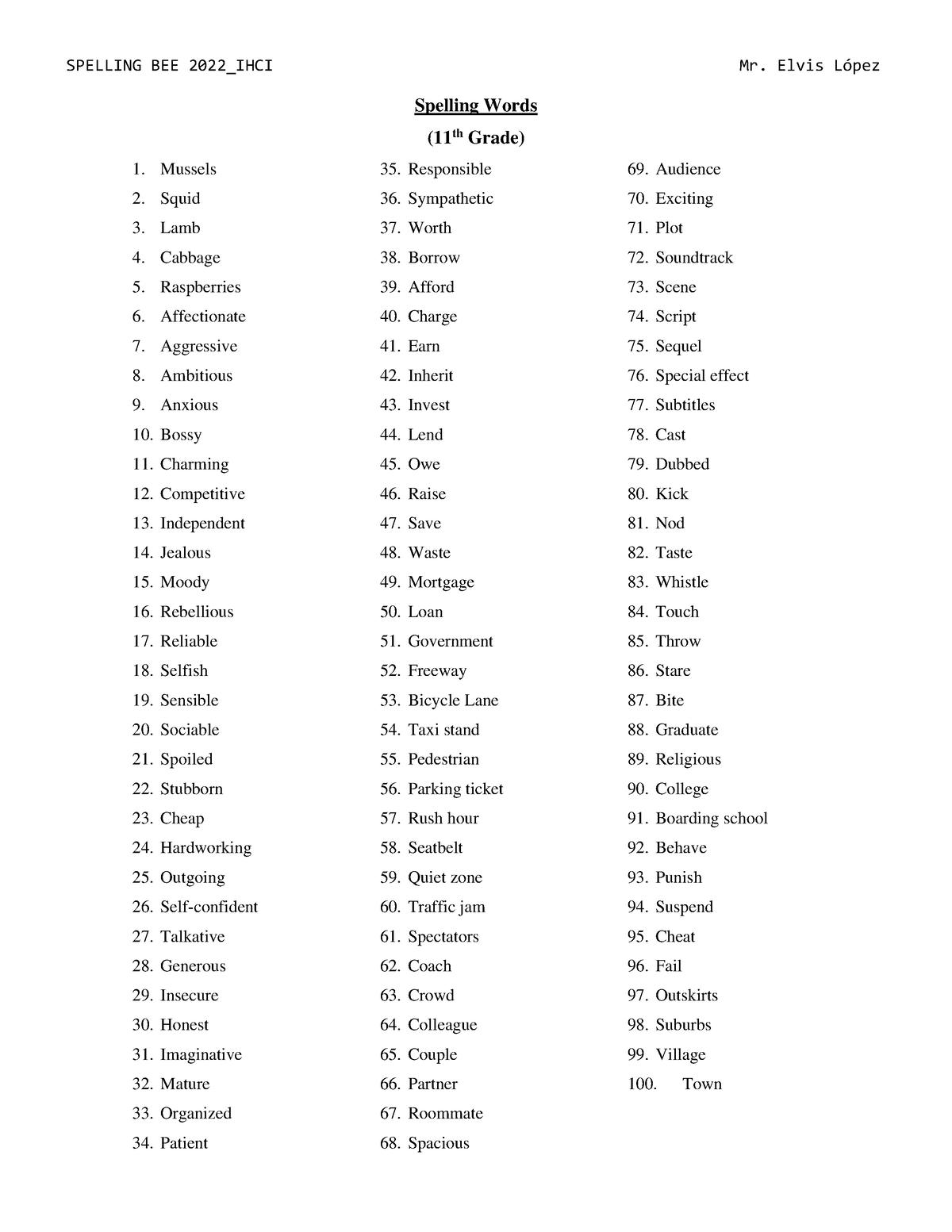 Spelling List 2023 SPELLING BEE 2022_IHCI Mr. Elvis López Spelling