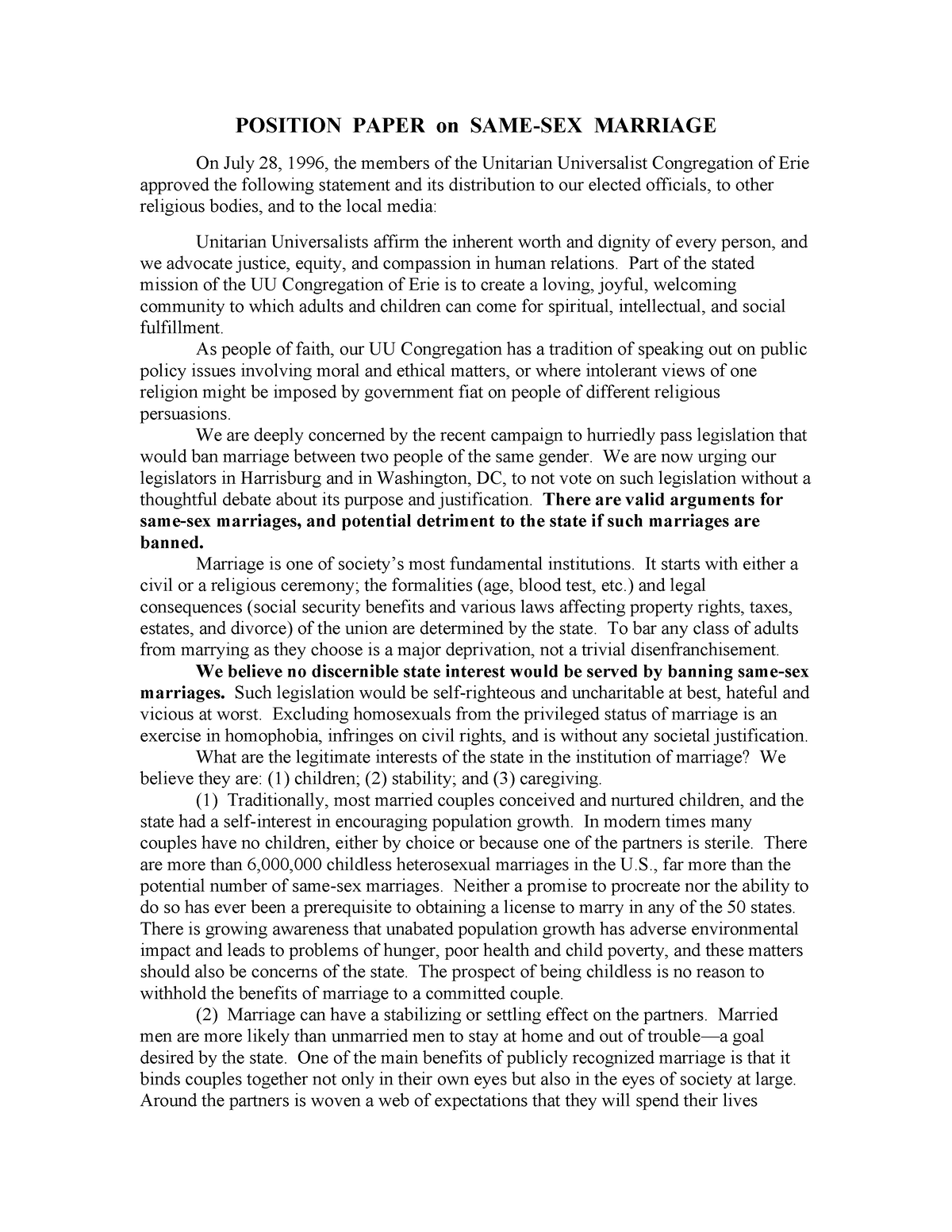 Position Paper Same Sex Marriage Position Paper On Same Sex Marriage