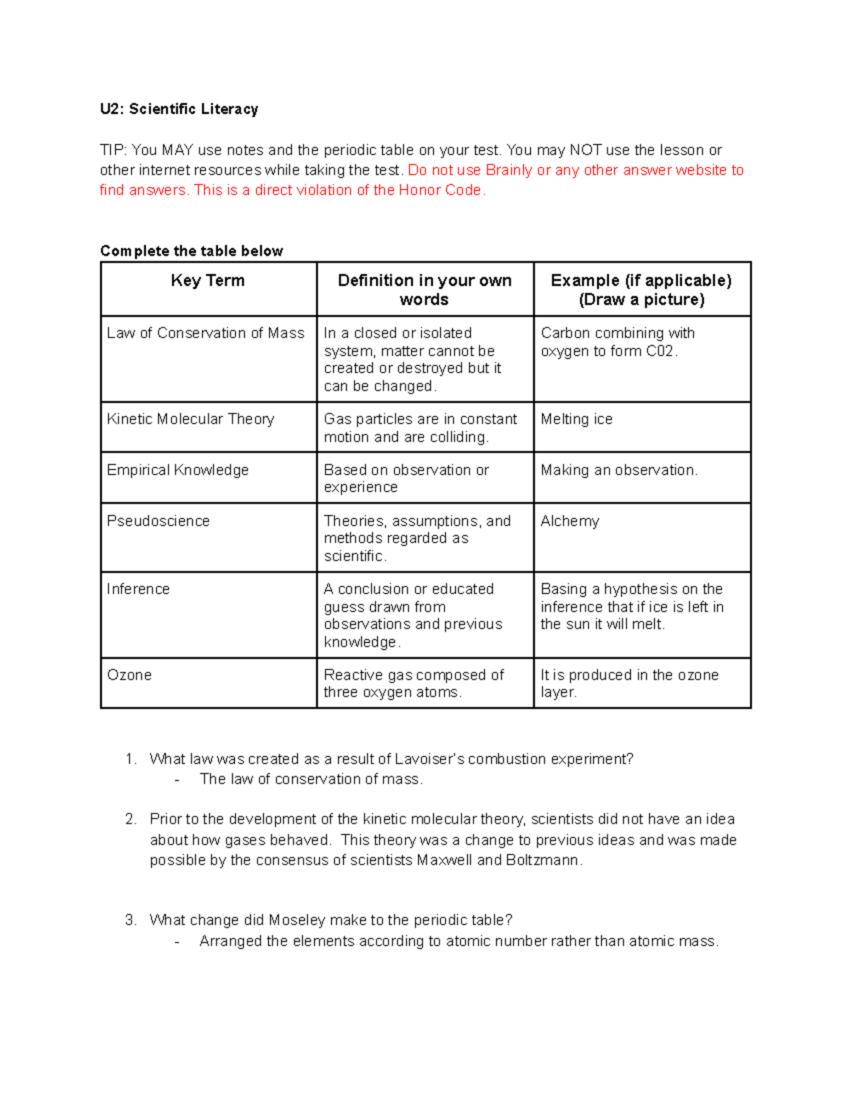 Copy of Unit 2 Scientific Literacy Study Guide - U2: Scientific ...