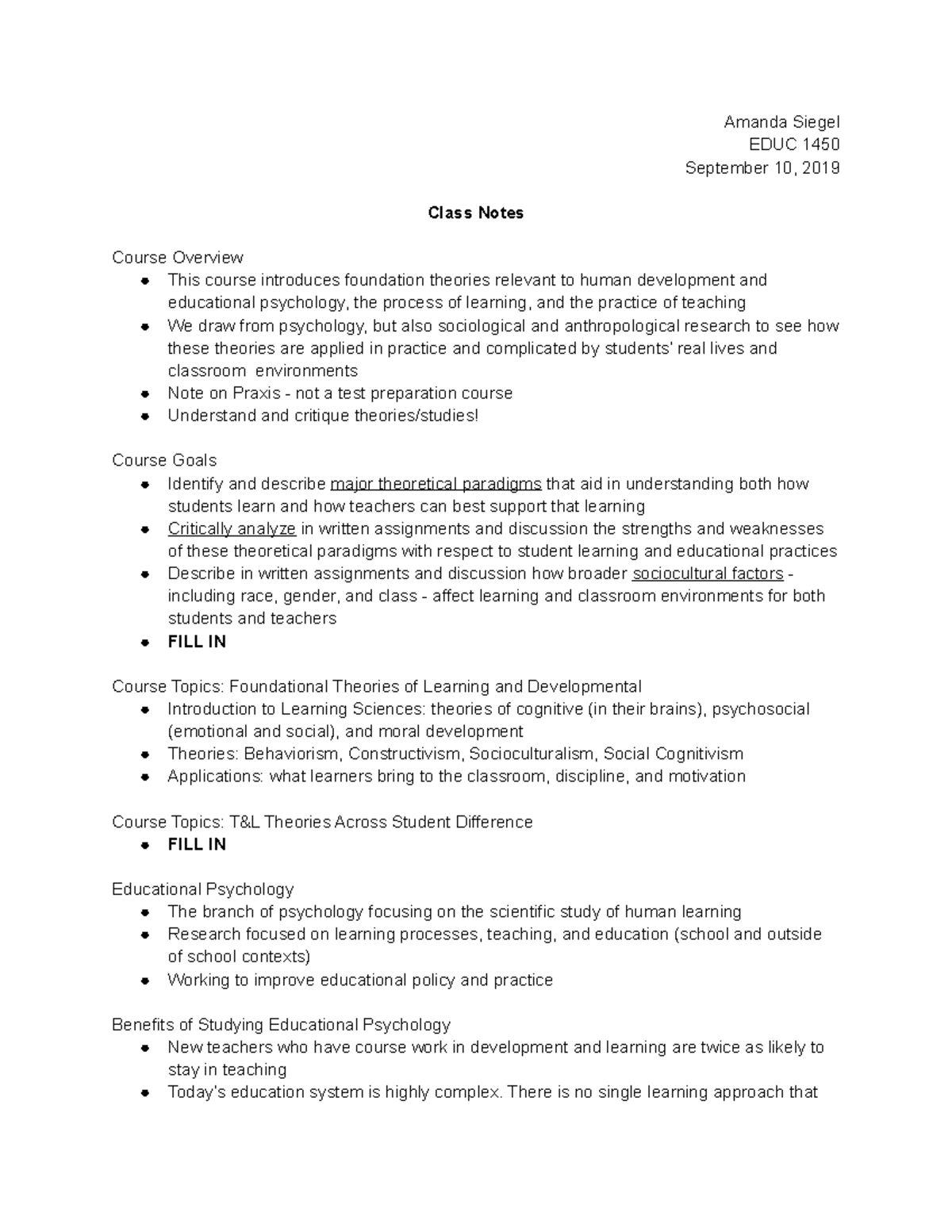 9/10 Class Notes - Professor Yoko Yamamoto - Amanda Siegel EDUC 1450 ...