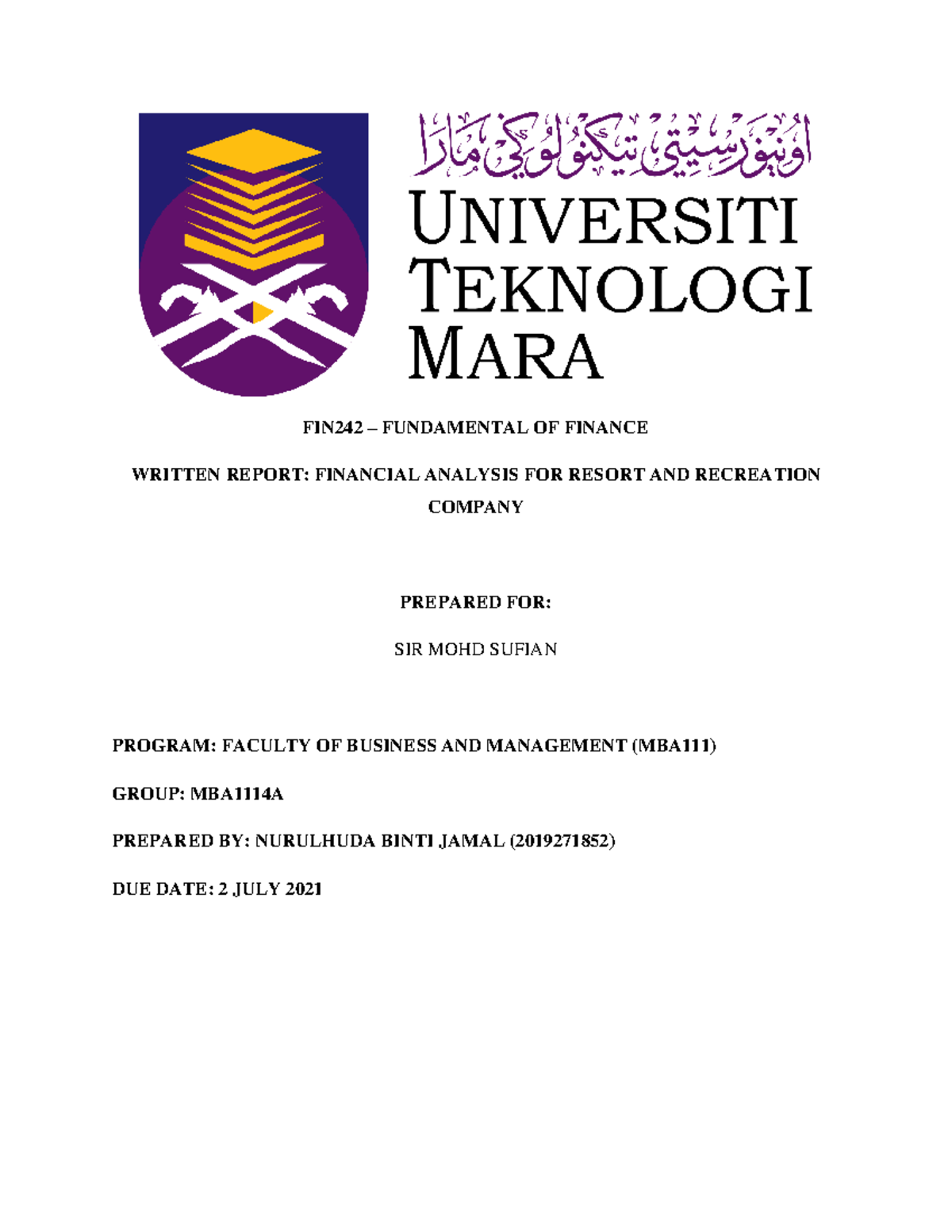 Nurulhuda Binti Jamal 2019 271852 Individual Written Report Fin242