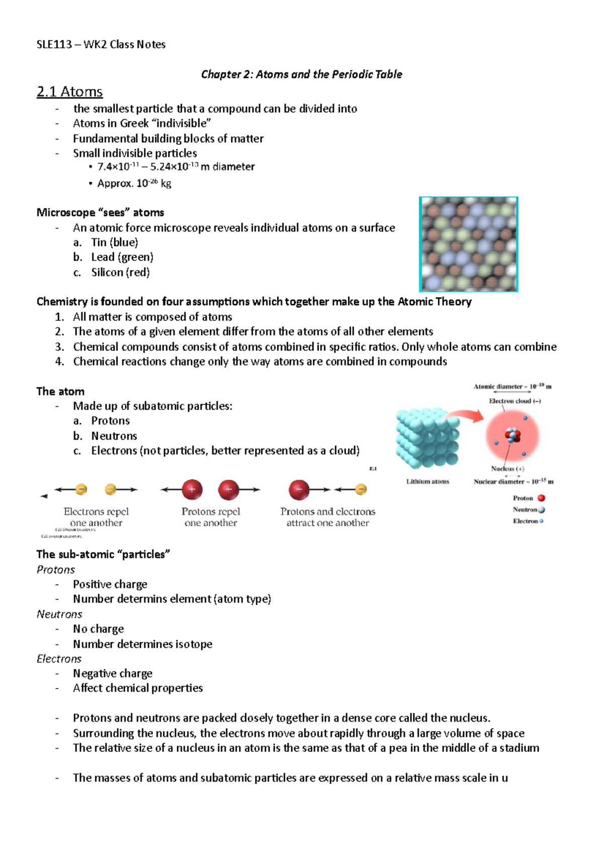 SLE133 Wk2 class notes - SLE113 – WK2 Class Notes Chapter 2: Atoms and ...