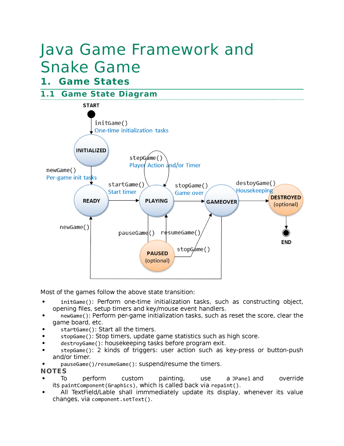 Java Game Framework and Snake Game - Game States 1 Game State Diagram Most  of the games follow the - Studocu